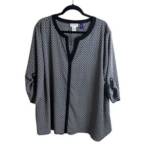 Catherine's Geometric Print Split‎ Neck Blouse Size 3X Petite Blue Black